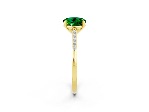 Yellow gold Round Cut Emerald Solitaire Ring with Channel Set Round Band and Prong Setting