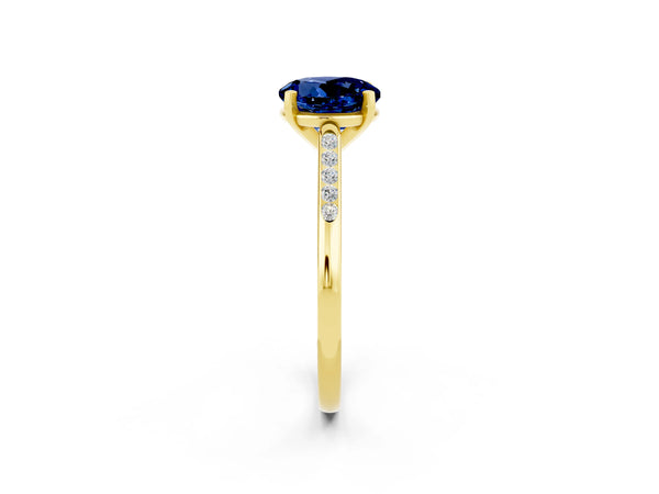 Yellow gold Round Cut Blue Sapphire Solitaire Ring with Channel Set Round Band and Prong Setting