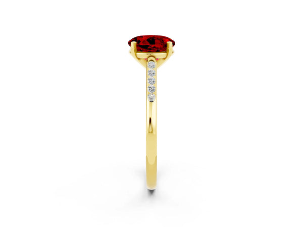 Yellow gold Round Cut Ruby Solitaire Ring with Channel Set Round Band and Prong Setting