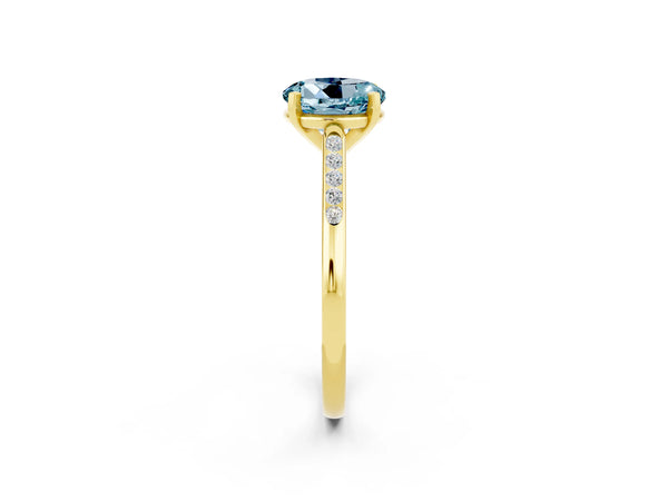 Yellow gold Round Cut Aquamarine Solitaire Ring with Channel Set Round Band and Prong Setting