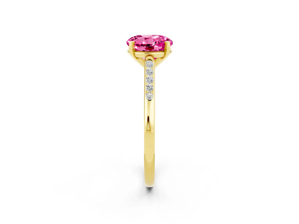 Yellow gold Round Cut Pink Sapphire Solitaire Ring with Channel Set Round Band and Prong Setting