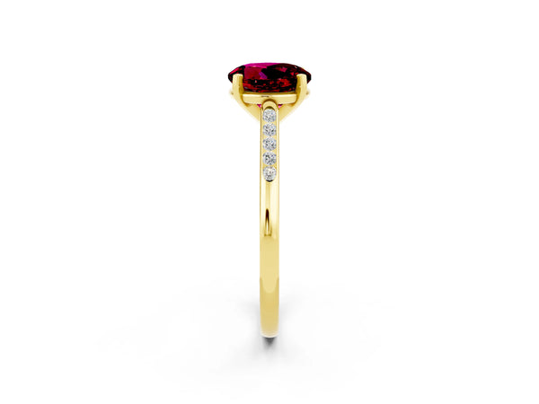 Yellow gold Round Cut Garnet Solitaire Ring with Channel Set Round Band and Prong Setting