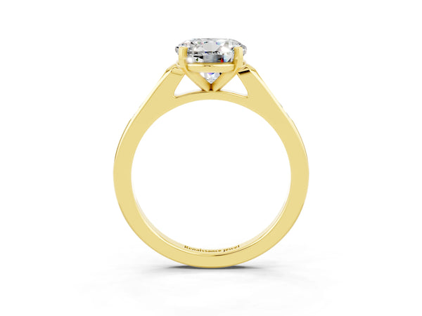 Yellow gold Round Cut Moissanite Solitaire Ring with Channel Set Round Band and Prong Setting