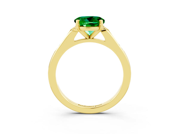 Yellow gold Round Cut Emerald Solitaire Ring with Channel Set Round Band and Prong Setting