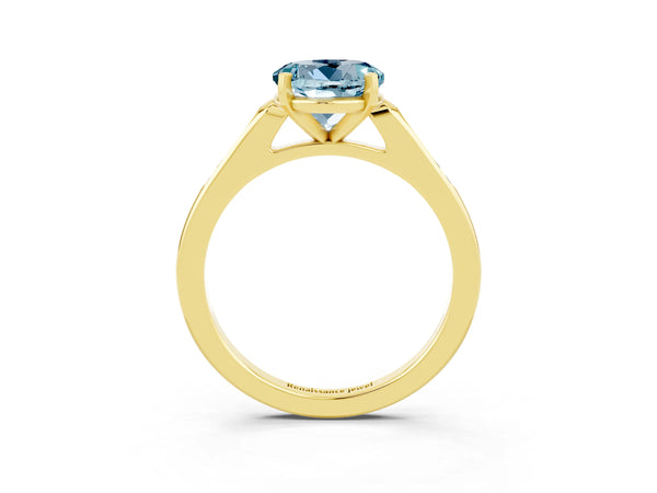 Yellow gold Round Cut Aquamarine Solitaire Ring with Channel Set Round Band and Prong Setting