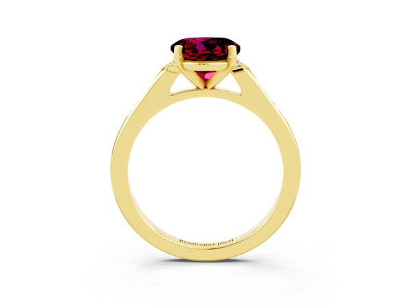 Yellow gold Round Cut Garnet Solitaire Ring with Channel Set Round Band and Prong Setting