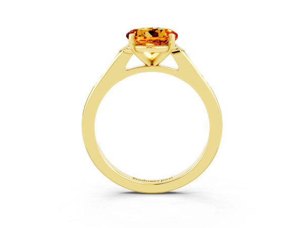Yellow gold Round Cut Citrine Solitaire Ring with Channel Set Round Band and Prong Setting