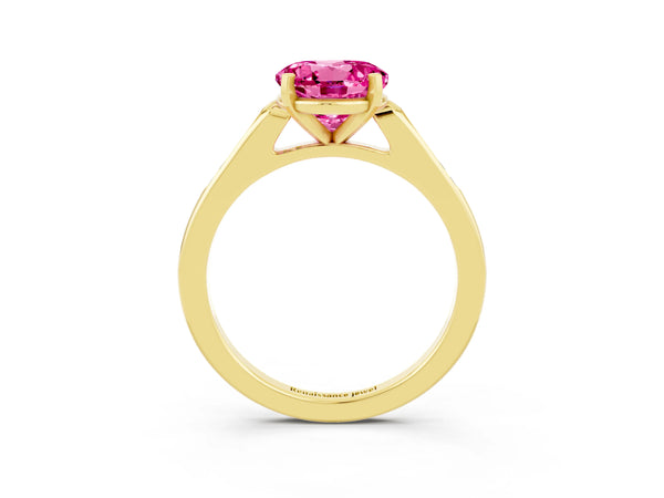 Yellow gold Round Cut Pink Sapphire Solitaire Ring with Channel Set Round Band and Prong Setting