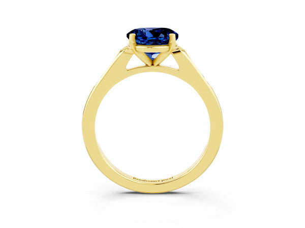 Yellow gold Round Cut Blue Sapphire Solitaire Ring with Channel Set Round Band and Prong Setting