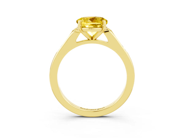 Yellow gold Round Cut Yellow Sapphire Solitaire Ring with Channel Set Round Band and Prong Setting