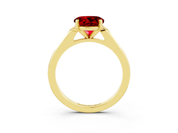 Yellow gold Round Cut Ruby Solitaire Ring with Channel Set Round Band and Prong Setting