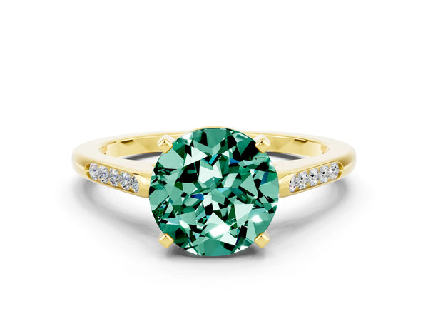 Yellow gold Round Cut Green Sapphire Solitaire Ring with Channel Set Round Band and Prong Setting