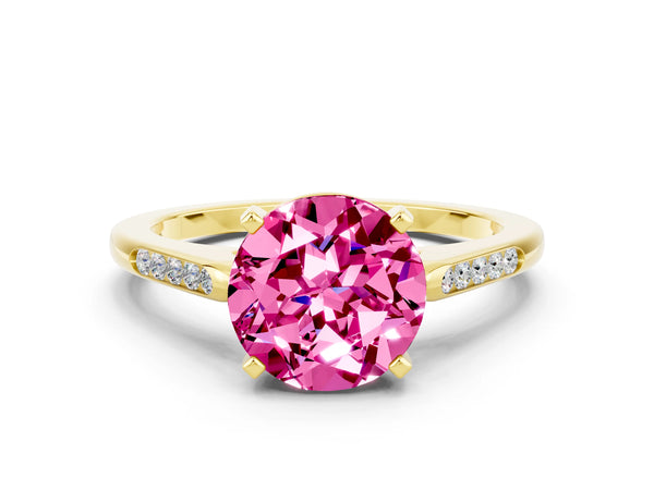 Yellow gold Round Cut Pink Sapphire Solitaire Ring with Channel Set Round Band and Prong Setting