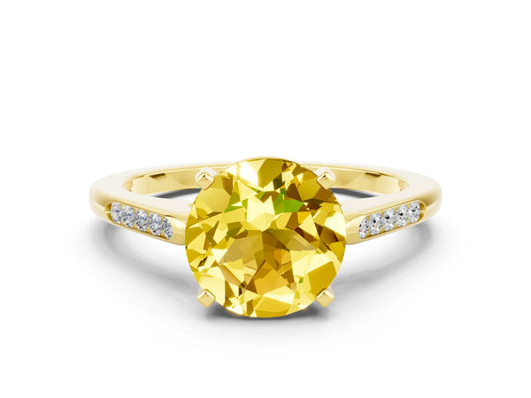 Yellow gold Round Cut Yellow Sapphire Solitaire Ring with Channel Set Round Band and Prong Setting
