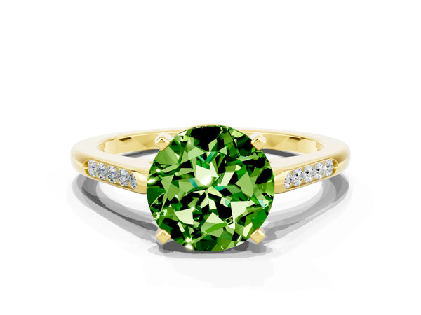 Yellow gold Round Cut Peridot Solitaire Ring with Channel Set Round Band and Prong Setting