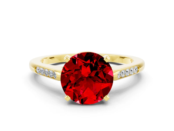 Yellow gold Round Cut Ruby Solitaire Ring with Channel Set Round Band and Prong Setting