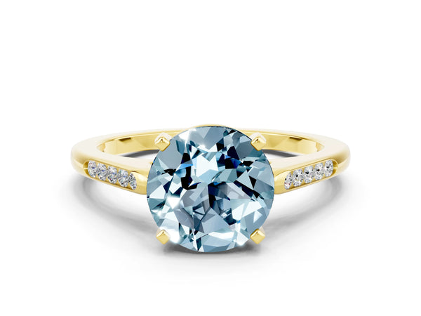 Yellow gold Round Cut Aquamarine Solitaire Ring with Channel Set Round Band and Prong Setting