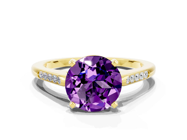 Yellow gold Round Cut Amethyst Solitaire Ring with Channel Set Round Band and Prong Setting