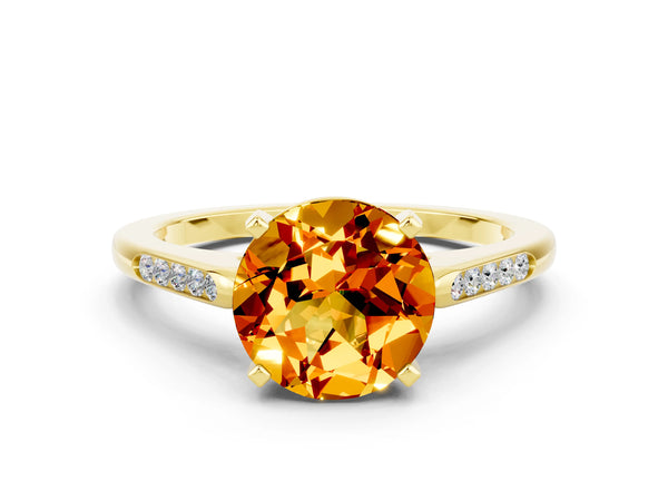 Yellow gold Round Cut Citrine Solitaire Ring with Channel Set Round Band and Prong Setting