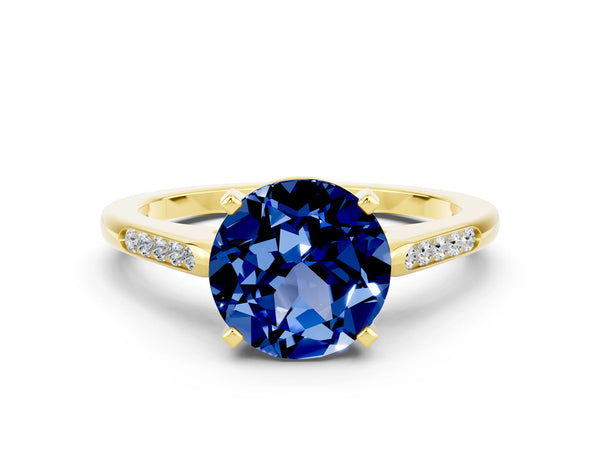 Yellow gold Round Cut Blue Sapphire Solitaire Ring with Channel Set Round Band and Prong Setting