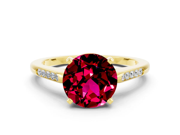 Yellow gold Round Cut Garnet Solitaire Ring with Channel Set Round Band and Prong Setting