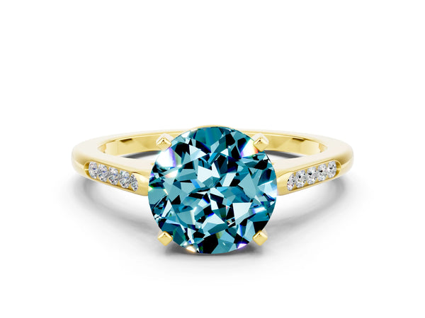 Yellow gold Round Cut Blue Topaz Solitaire Ring with Channel Set Round Band and Prong Setting
