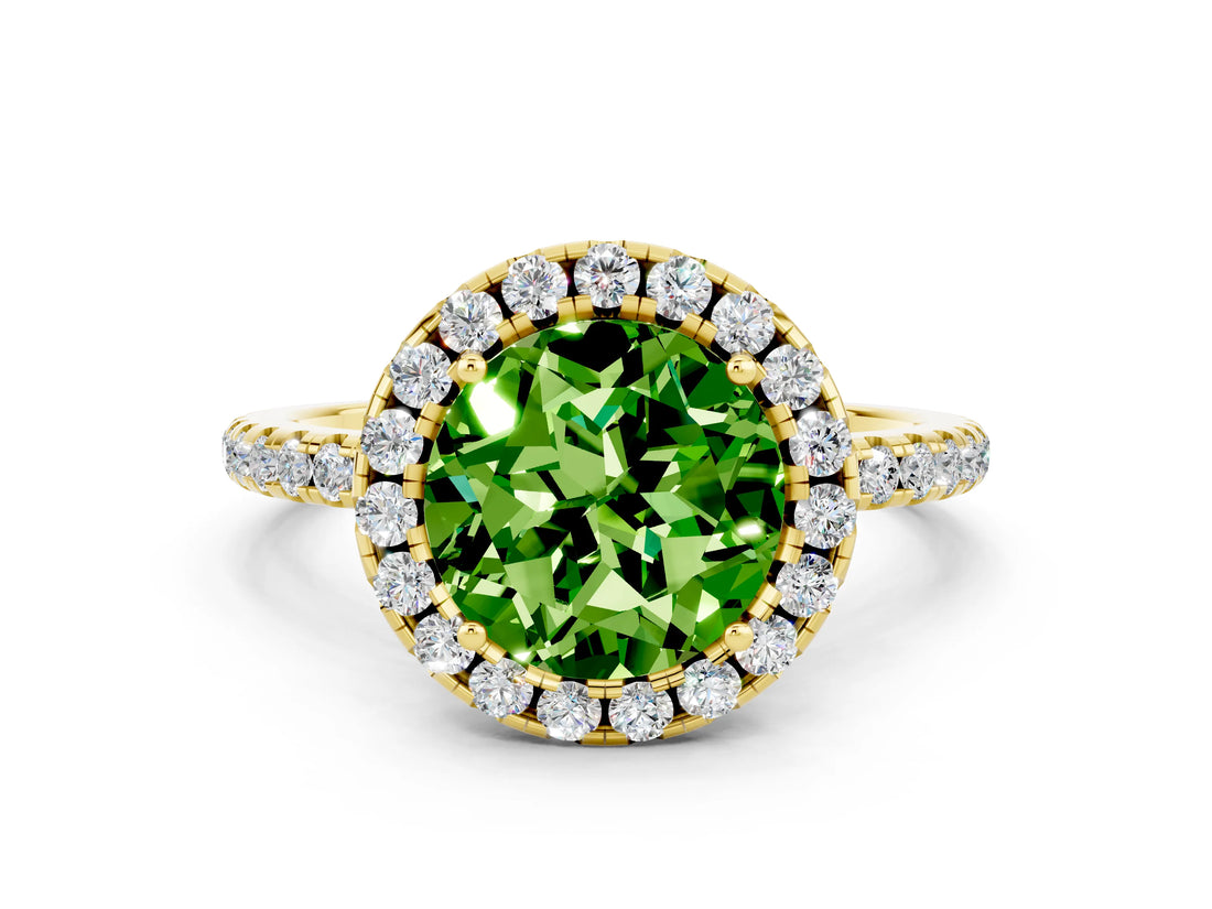 Yellow gold Round Cut Cut Diamond Floral Halo Engagement Ring with Pavé Band and Prong Setting