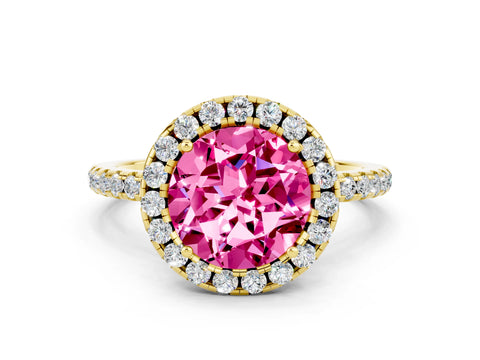 Yellow gold Round Cut Cut Diamond Floral Halo Engagement Ring with Pavé Band and Prong Setting