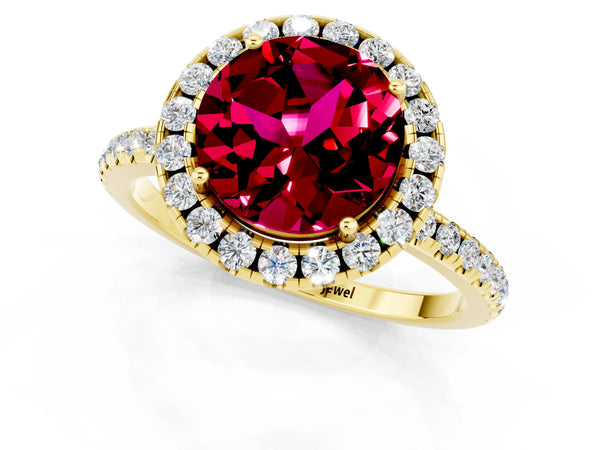 Yellow gold Round Cut Garnet Halo Engagement Ring with Round Pavé Band and Prong Setting