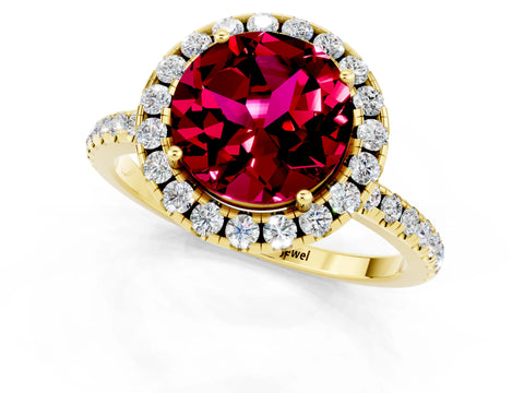 Yellow gold Round Cut Cut Diamond Floral Halo Engagement Ring with Pavé Band and Prong Setting_1