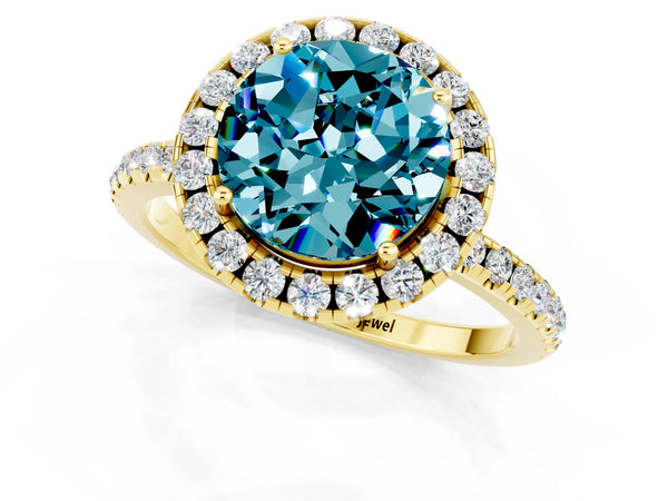 Yellow gold Round Cut Cut Diamond Floral Halo Engagement Ring with Pavé Band and Prong Setting