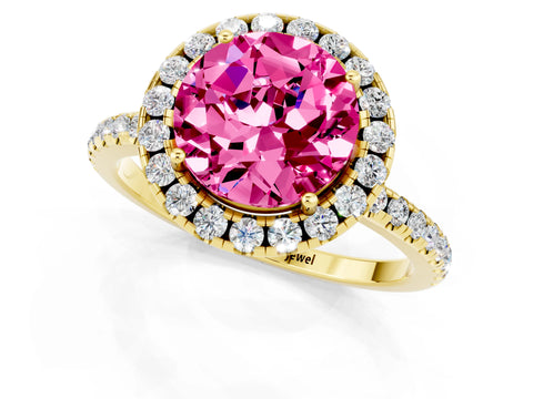 Yellow gold Round Cut Cut Diamond Floral Halo Engagement Ring with Pavé Band and Prong Setting_1
