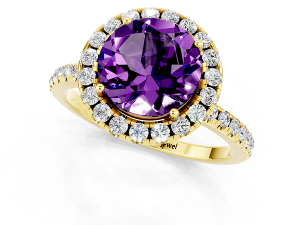 Yellow gold Round Cut Amethyst Halo Engagement Ring with Round Pavé Band and Prong Setting