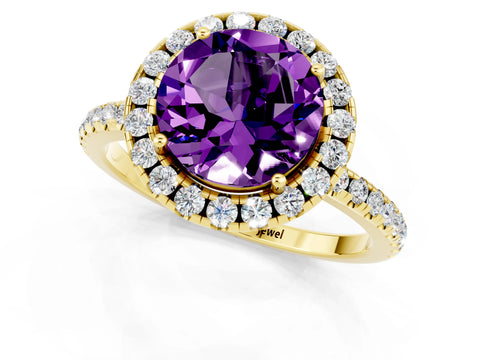 Yellow gold Round Cut Cut Diamond Floral Halo Engagement Ring with Pavé Band and Prong Setting_1