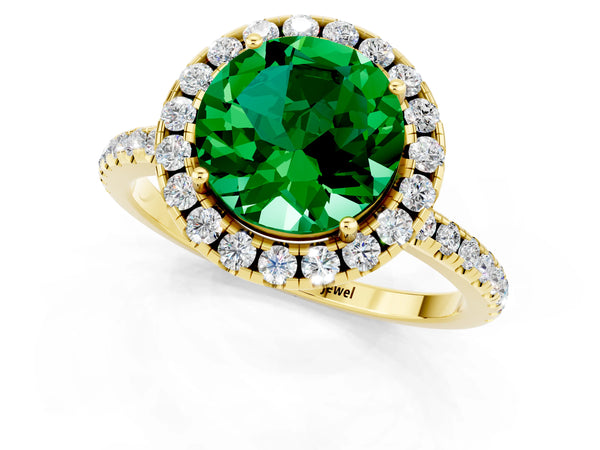 Yellow gold Round Cut Emerald Halo Engagement Ring with Round Pavé Band and Prong Setting