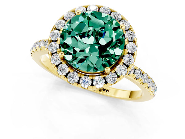 Yellow gold Round Cut Green Sapphire Halo Engagement Ring with Round Pavé Band and Prong Setting
