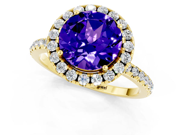 Yellow gold Round Cut Tanzanite Halo Engagement Ring with Round Pavé Band and Prong Setting