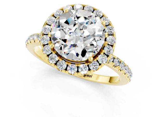 Yellow gold Round Cut Moissanite Halo Engagement Ring with Round Pavé Band and Prong Setting