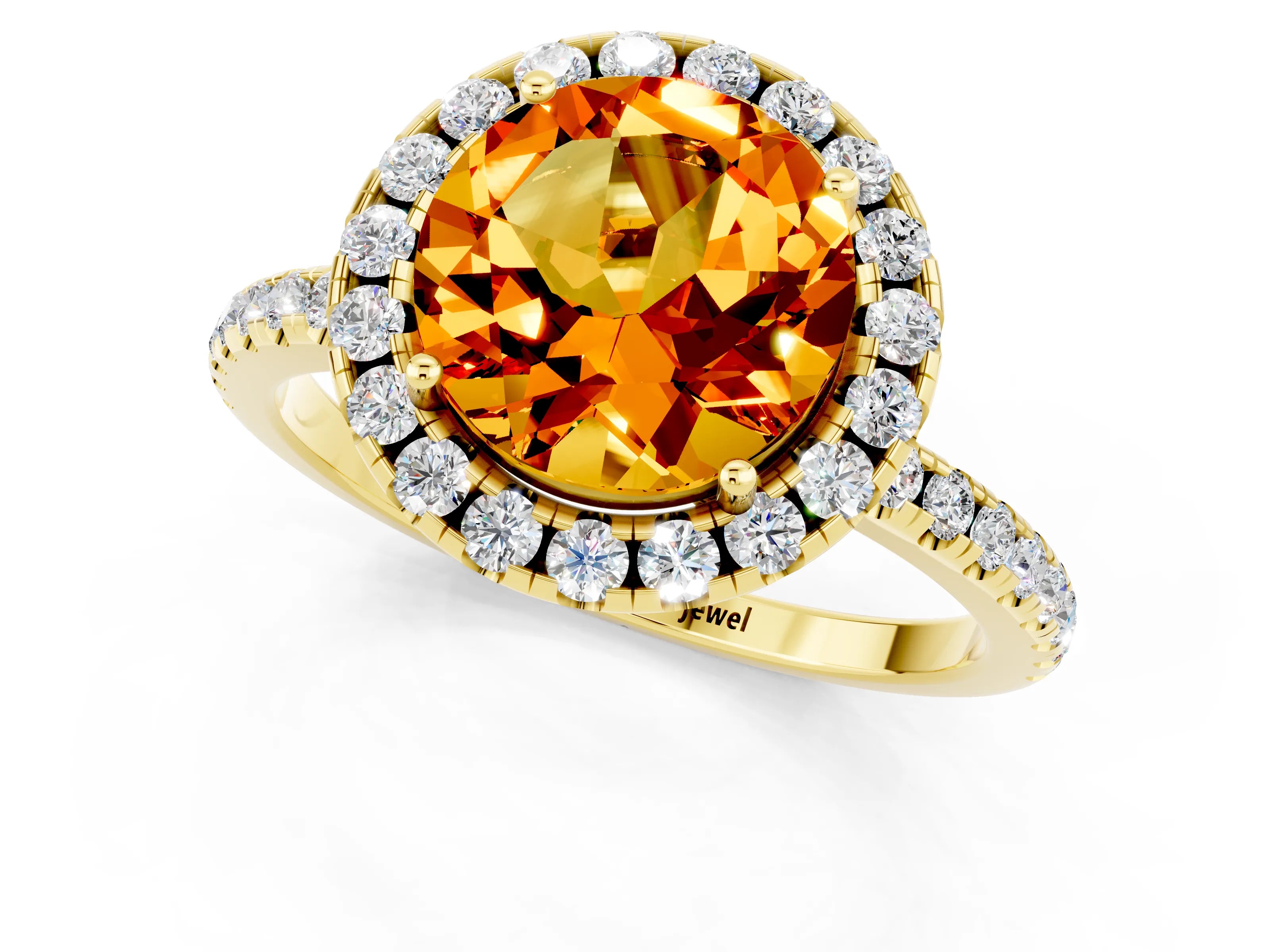 Yellow gold Round Cut Cut Diamond Floral Halo Engagement Ring with Pavé Band and Prong Setting_1