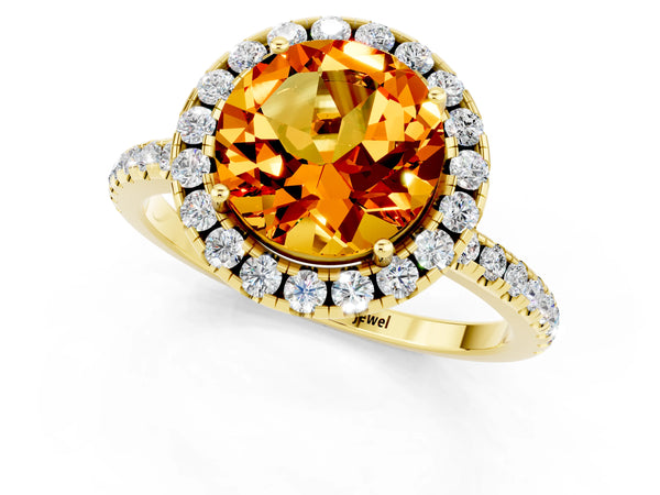 Yellow gold Round Cut Citrine Halo Engagement Ring with Round Pavé Band and Prong Setting