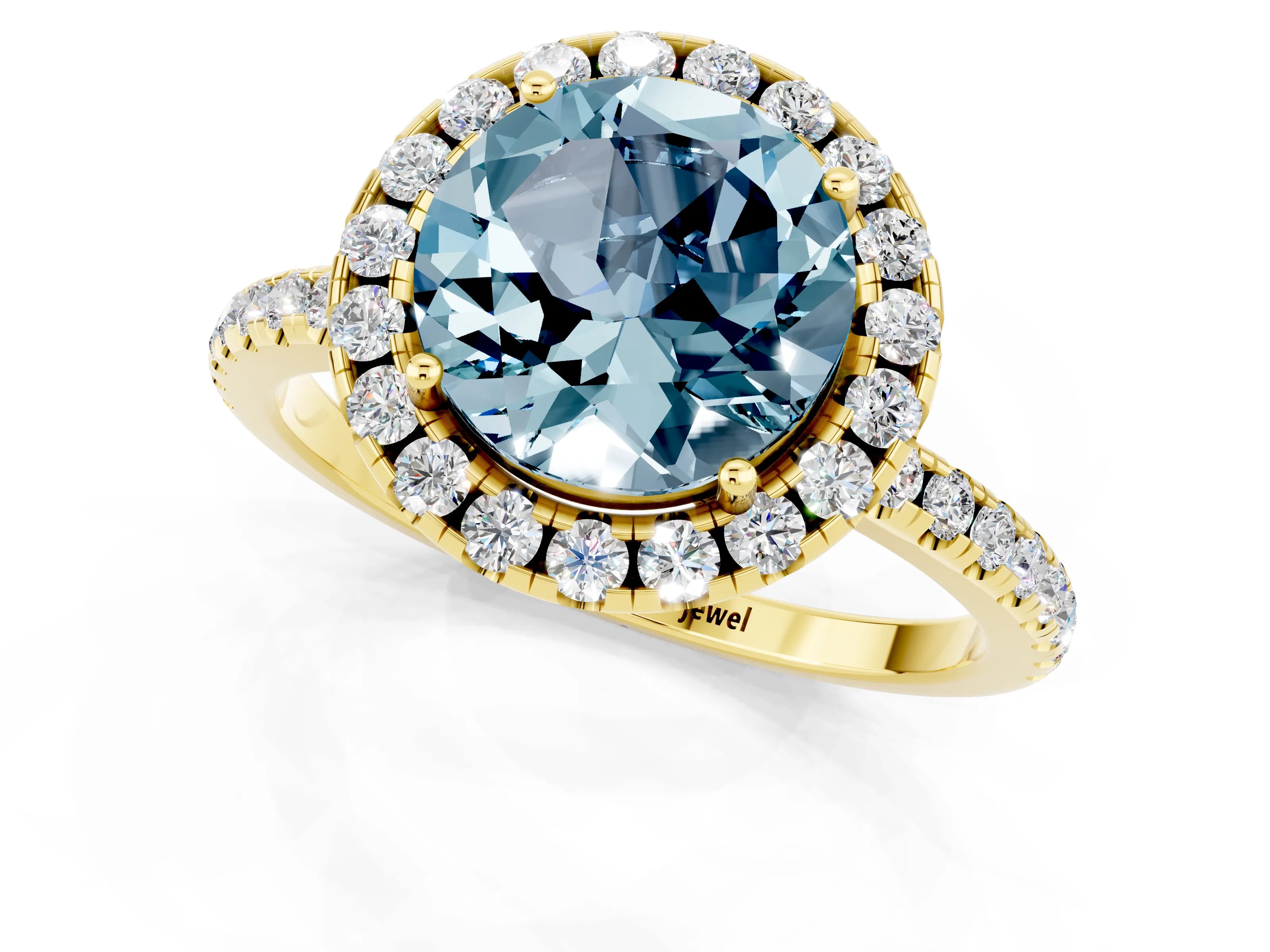 Yellow gold Round Cut Cut Diamond Floral Halo Engagement Ring with Pavé Band and Prong Setting_1