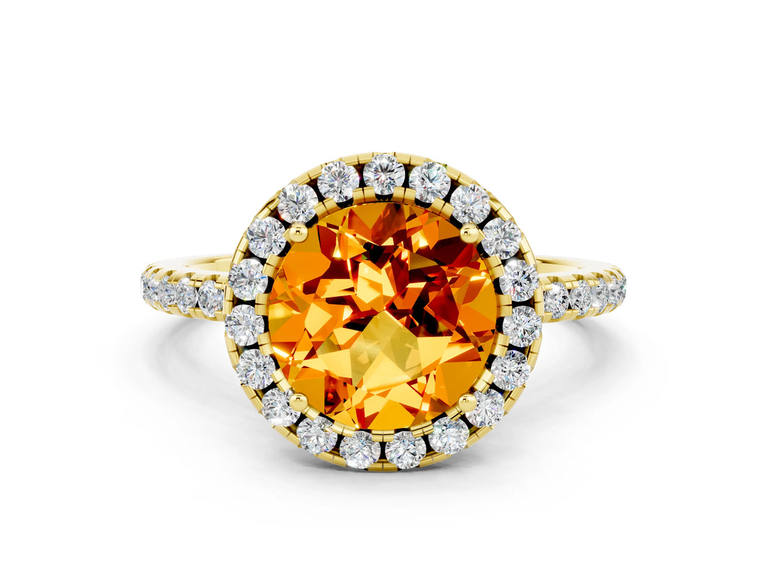 Yellow gold Round Cut Cut Diamond Floral Halo Engagement Ring with Pavé Band and Prong Setting