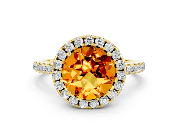 Yellow gold Round Cut Citrine Halo Engagement Ring with Round Pavé Band and Prong Setting