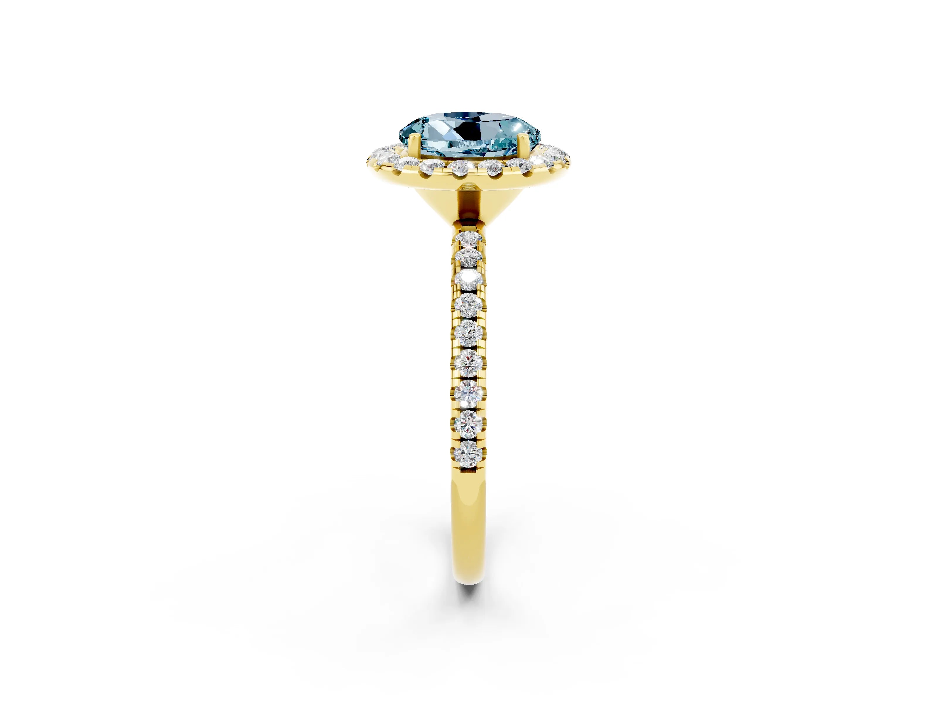 Yellow gold Round Cut Cut Diamond Floral Halo Engagement Ring with Pavé Band and Prong Setting_2