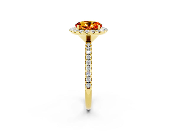 Yellow gold Round Cut Citrine Halo Engagement Ring with Round Pavé Band and Prong Setting