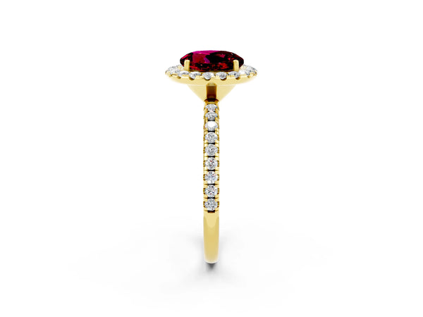 Yellow gold Round Cut Garnet Halo Engagement Ring with Round Pavé Band and Prong Setting