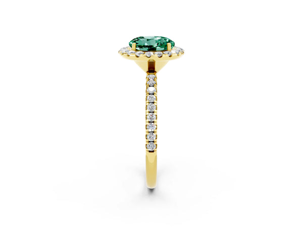 Yellow gold Round Cut Green Sapphire Halo Engagement Ring with Round Pavé Band and Prong Setting