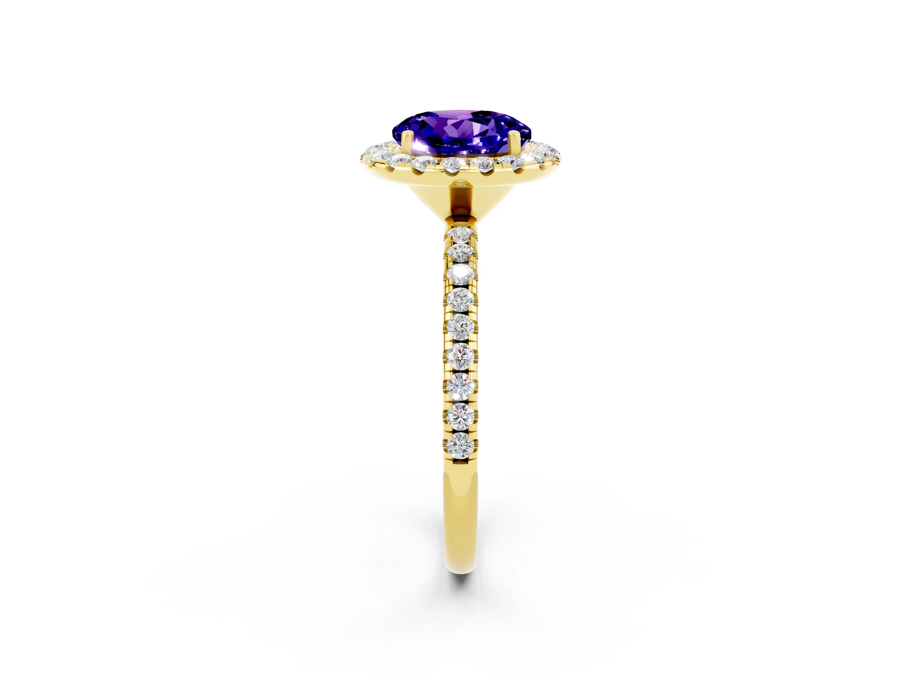 Yellow gold Round Cut Cut Diamond Floral Halo Engagement Ring with Pavé Band and Prong Setting_2