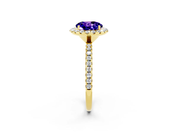 Yellow gold Round Cut Tanzanite Halo Engagement Ring with Round Pavé Band and Prong Setting