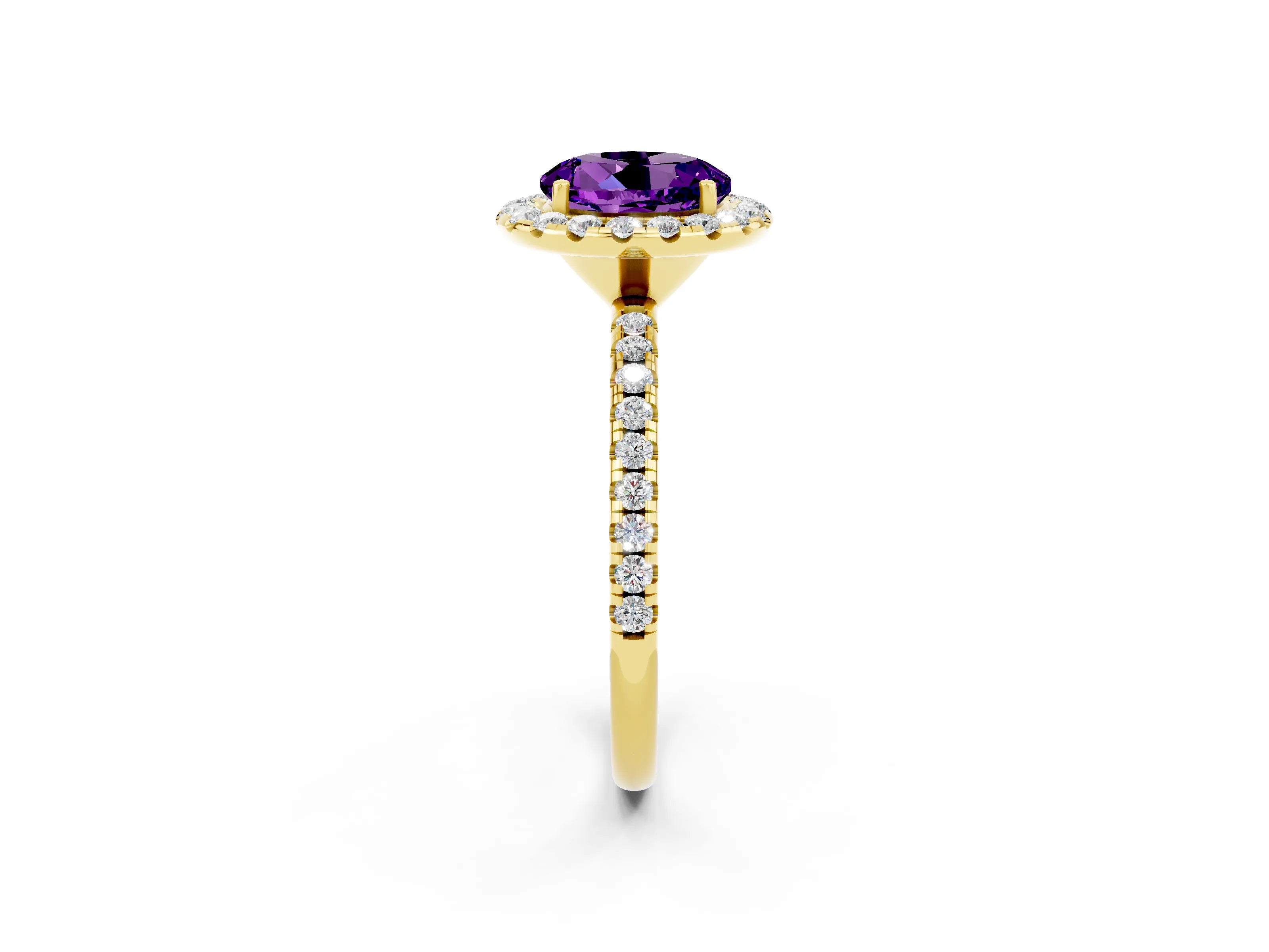 Yellow gold Round Cut Cut Diamond Floral Halo Engagement Ring with Pavé Band and Prong Setting_2